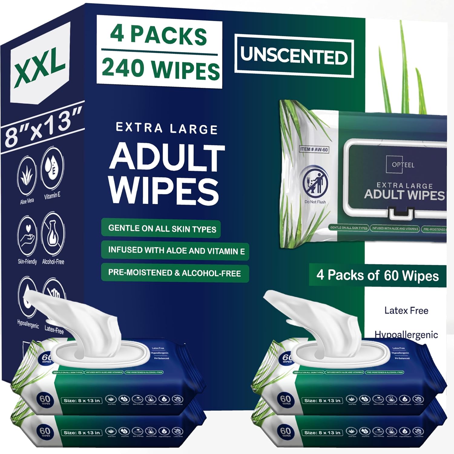 Detalle de OPTEEL AW-240 Adult Cleansing Wipes, 8 x 13 in, Unscented, 240 Count