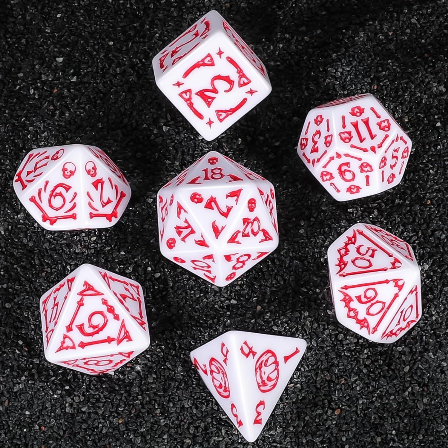 Thumbnail 5 de QMAY Set di Dadi Poliedrici per D&D e RPG – 7 pezzi (D20, D12, D10, D% D8, D6, D4) Bianco Halloween