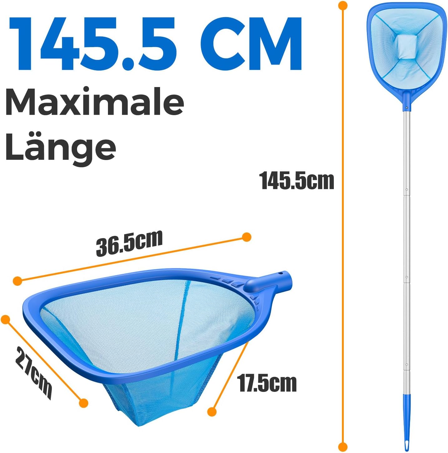 Detalle de Mowend 145 cm Skimmer Pool Kescher – Feinmaschiges Netz mit verstellbarer Stange (1,14 m Gesamt)