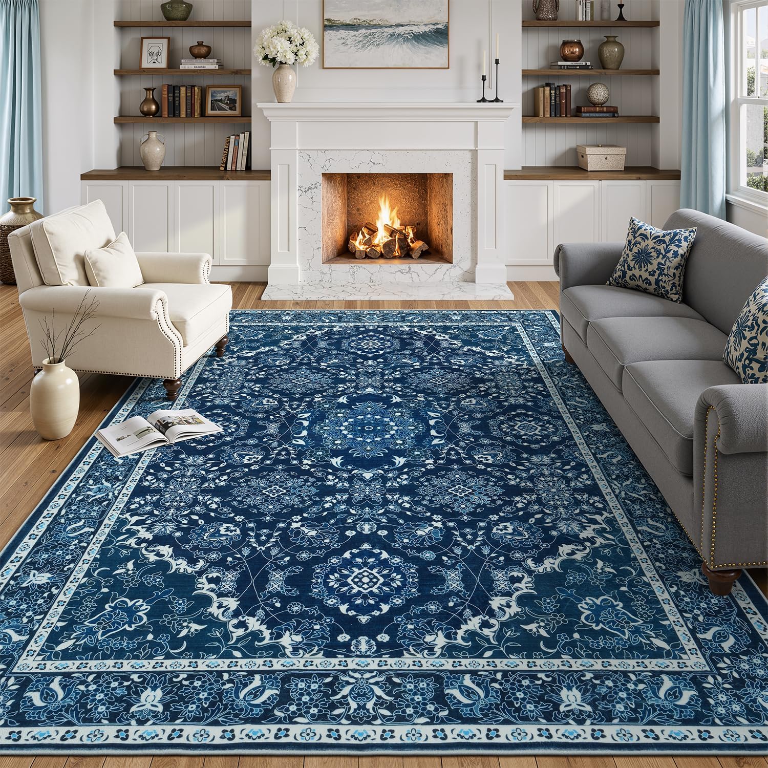 Detalle de Lessymo 9' x 12' Blue Floral Area Rug, Washable Low-Pile Faux Wool