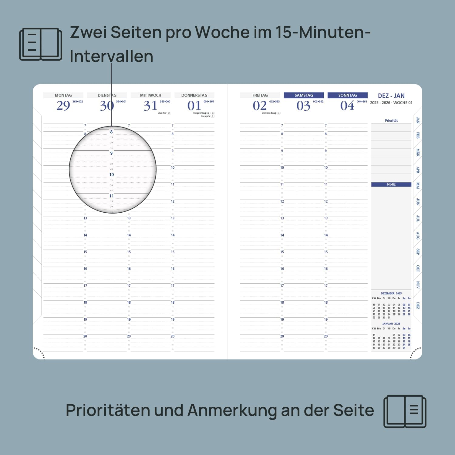 Thumbnail 2 de POPRUN Terminplaner 2026 A4 auf Deutsch - Wochenplaner mit 15-Minuten-Taktung & Monatsregister. Kalender 2026 Buchkalender mit PU-Leder Softcover - Braun
POPRUN Terminplaner 2026 A4 auf Deutsch - Wochen…