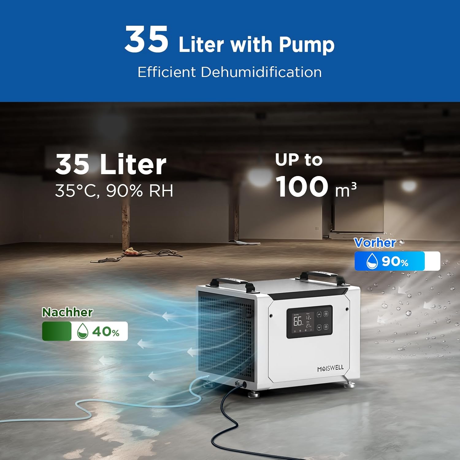 Thumbnail 1 de Moiswell 35L Commercial Dehumidifier with Pump – 35L moisture removal, continuous drain hose, low-noise operation
