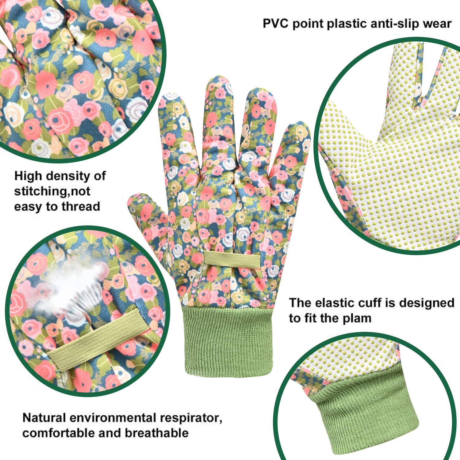 Detalle de Hanzapor Women Gardening Gloves: 2 Pairs of Comfortable, Breathable, Non-Slip Work Gloves (Small/Medium, Green)