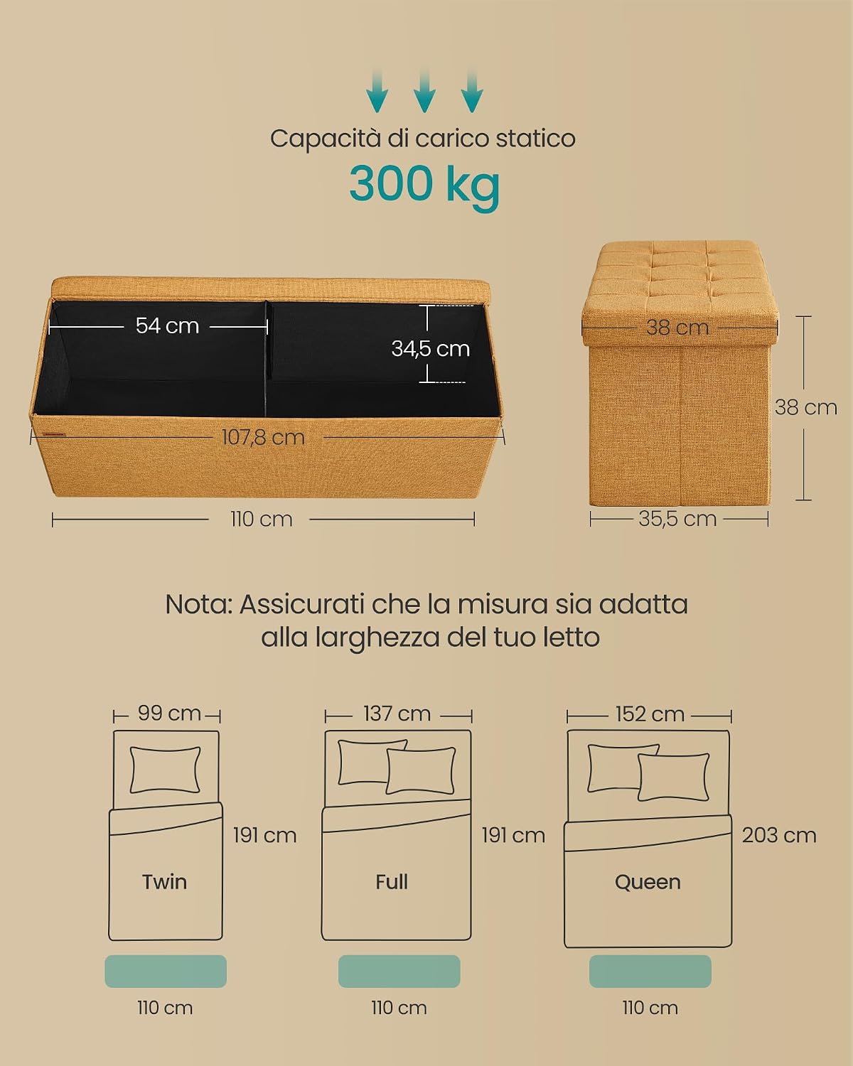 Detalle 2 de SONGMICS MAZIE Cassapanca pouf 38 x 110 x 38 cm