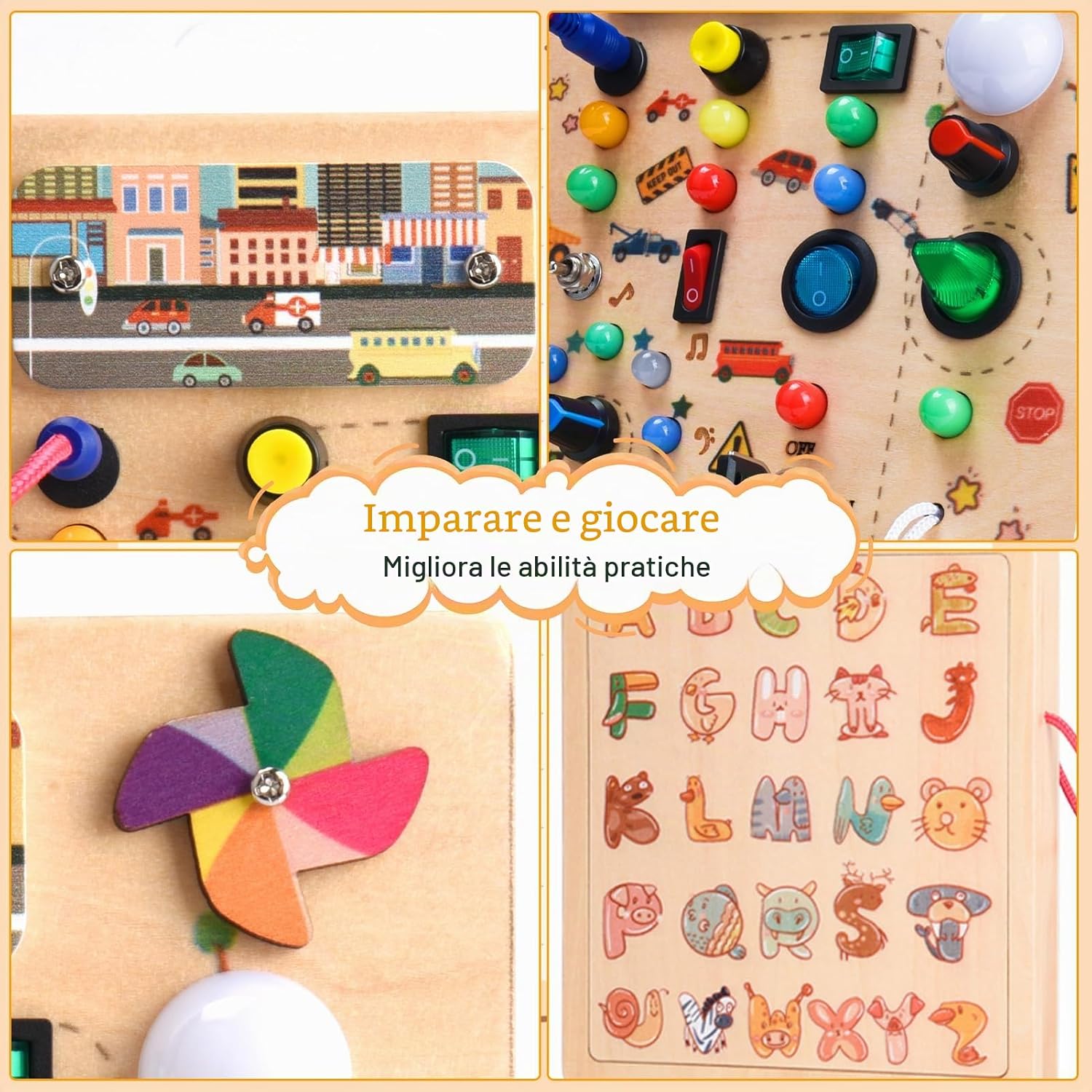 Detalle de Nauotk Busy Board in Legno Montessori con 19 LED e 26 lettere