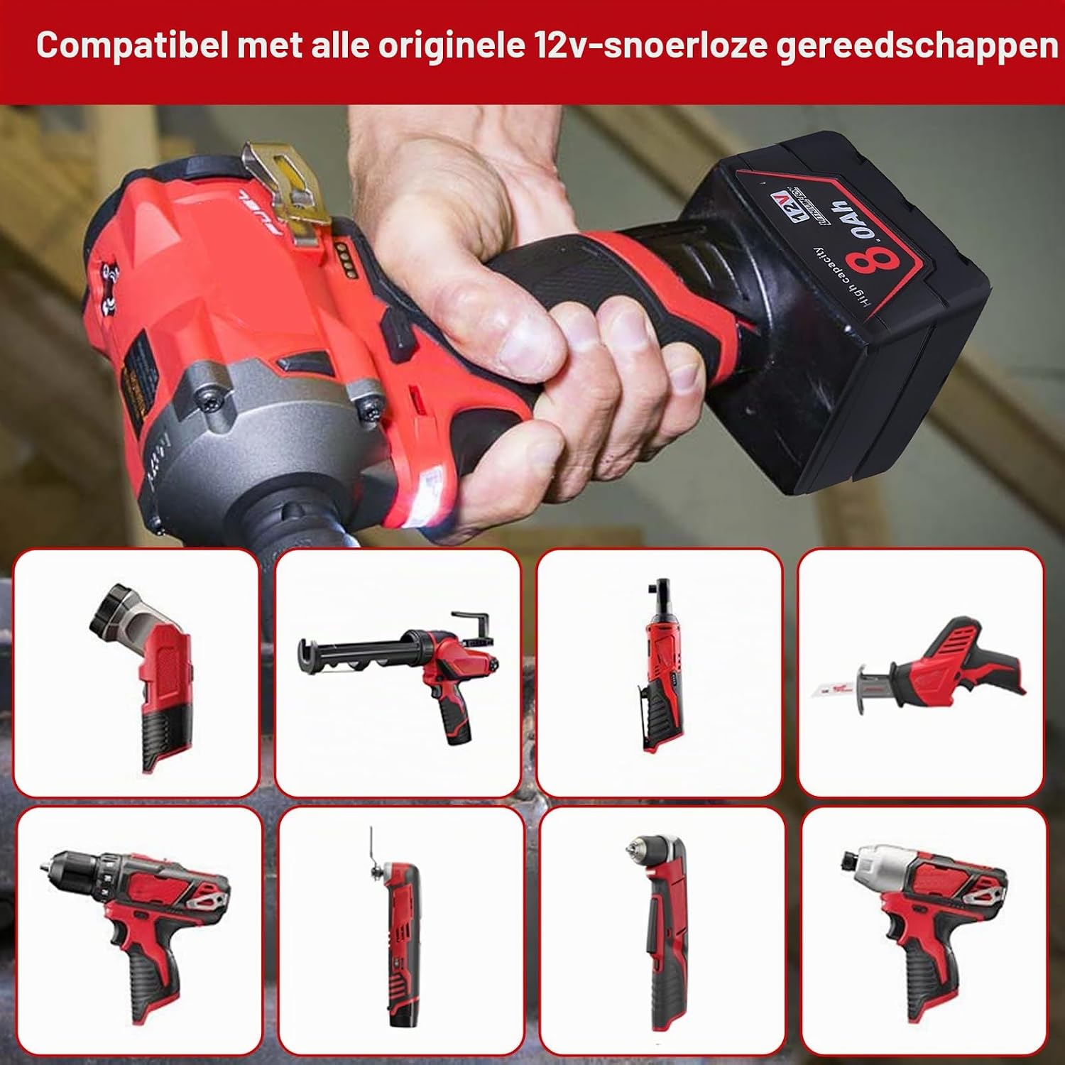 Detalle de Powarobor WTL12 8A-2 vervangende M12-accu’s, 12 V, 8 Ah, set van 2