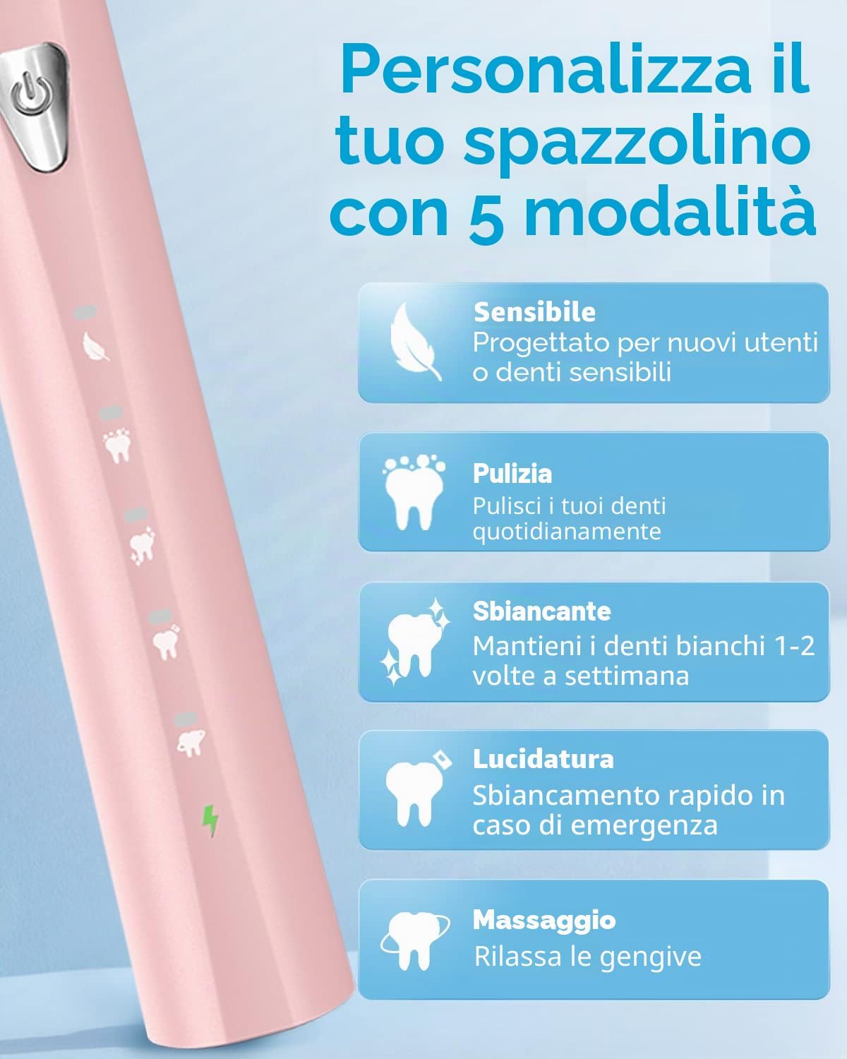 Detalle de Spazzolino elettrico sonico rosa perlato con 8 testine, 5 modalità e IPX7