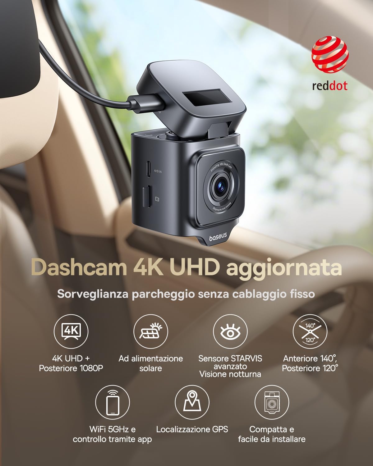 Detalle de Baseus VD1 Pro Dashcam: registrazione frontale 4K + posteriore 1080P, parcheggio solare e WiFi 5GHz