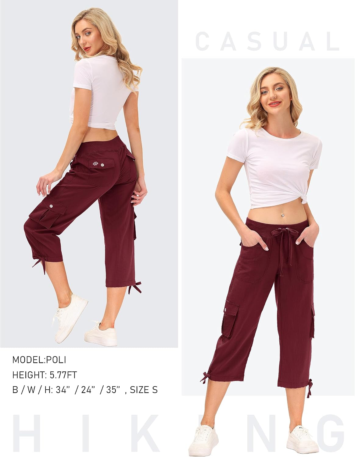 Detalle 2 de JINSHI Damen 3/4 Cargo-Shorthose mit Mehrfach-Taschen (Capri-/Freizeithose) für Sommer, Alltag & Outdoor
