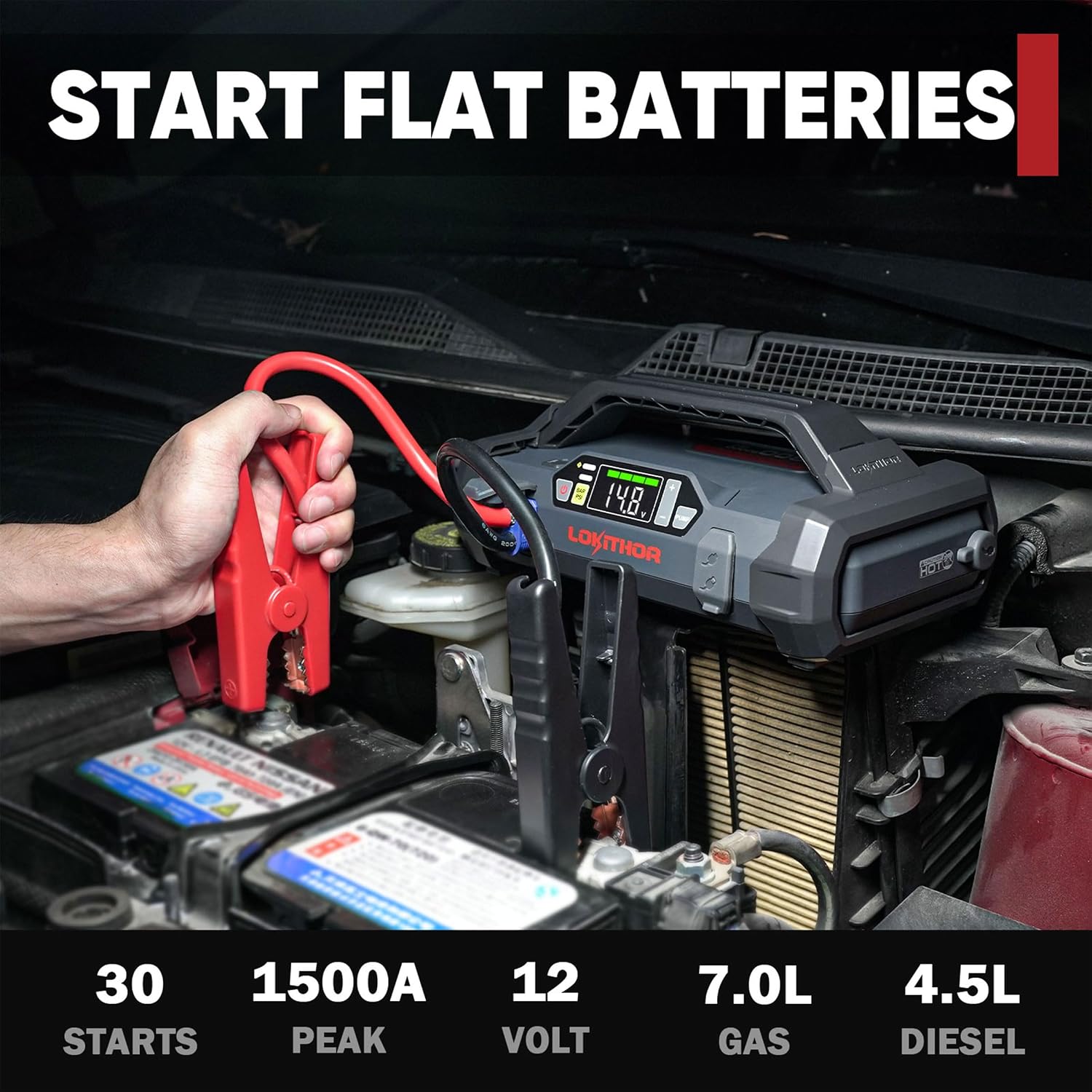 Detalle de LOKITHOR JA300 : booster 1500A avec compresseur 150 PSI et batterie 12 V externe