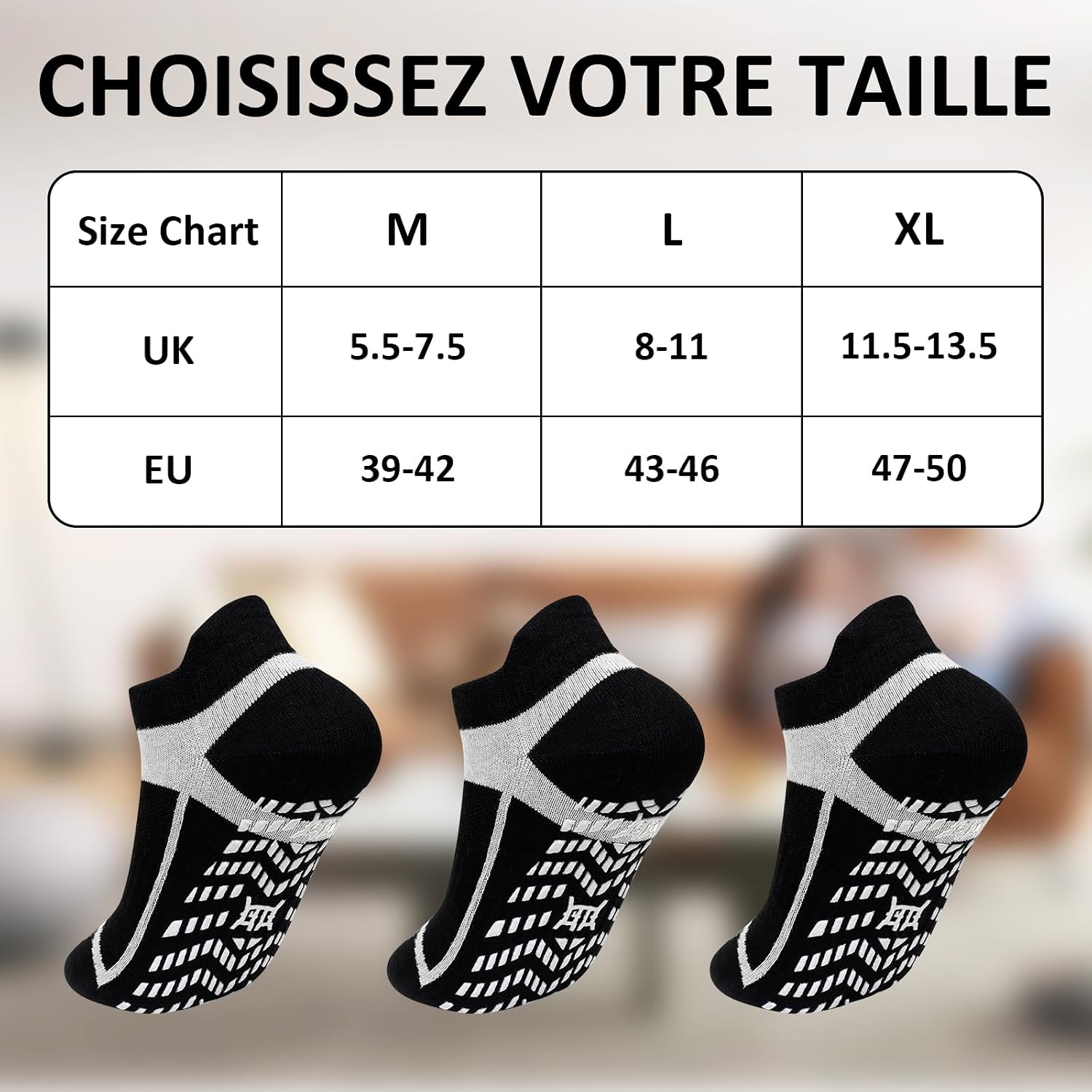 Detalle de ZAKASA lot de 3 paires de chaussettes antidérapantes yoga & pilates pour homme (basses, sans couture)