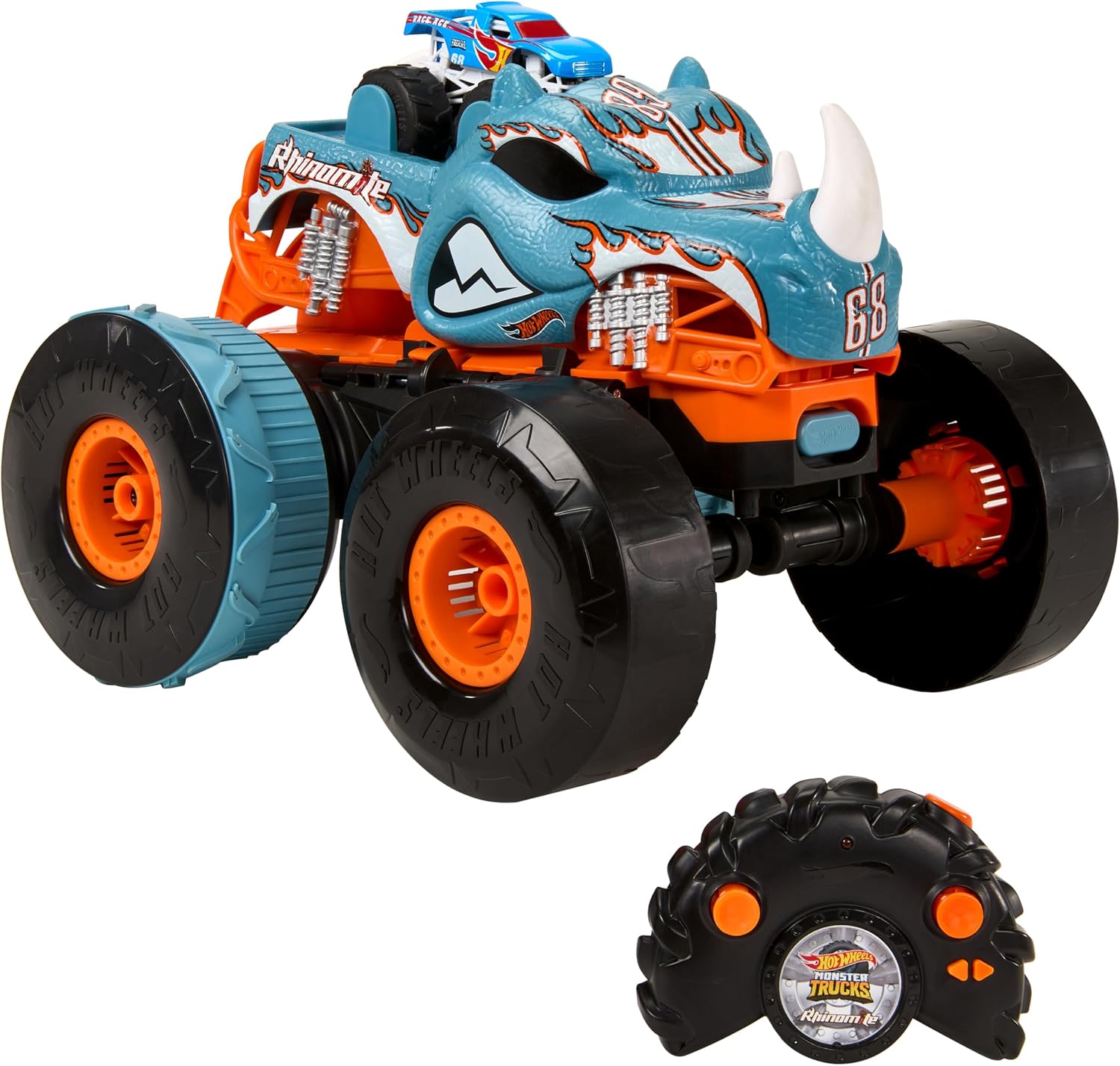 Detalle de Hot Wheels Monster Trucks: Rhinomite 1:12 Umbau zum 1:64 Starter mit Race Ace – HPK27