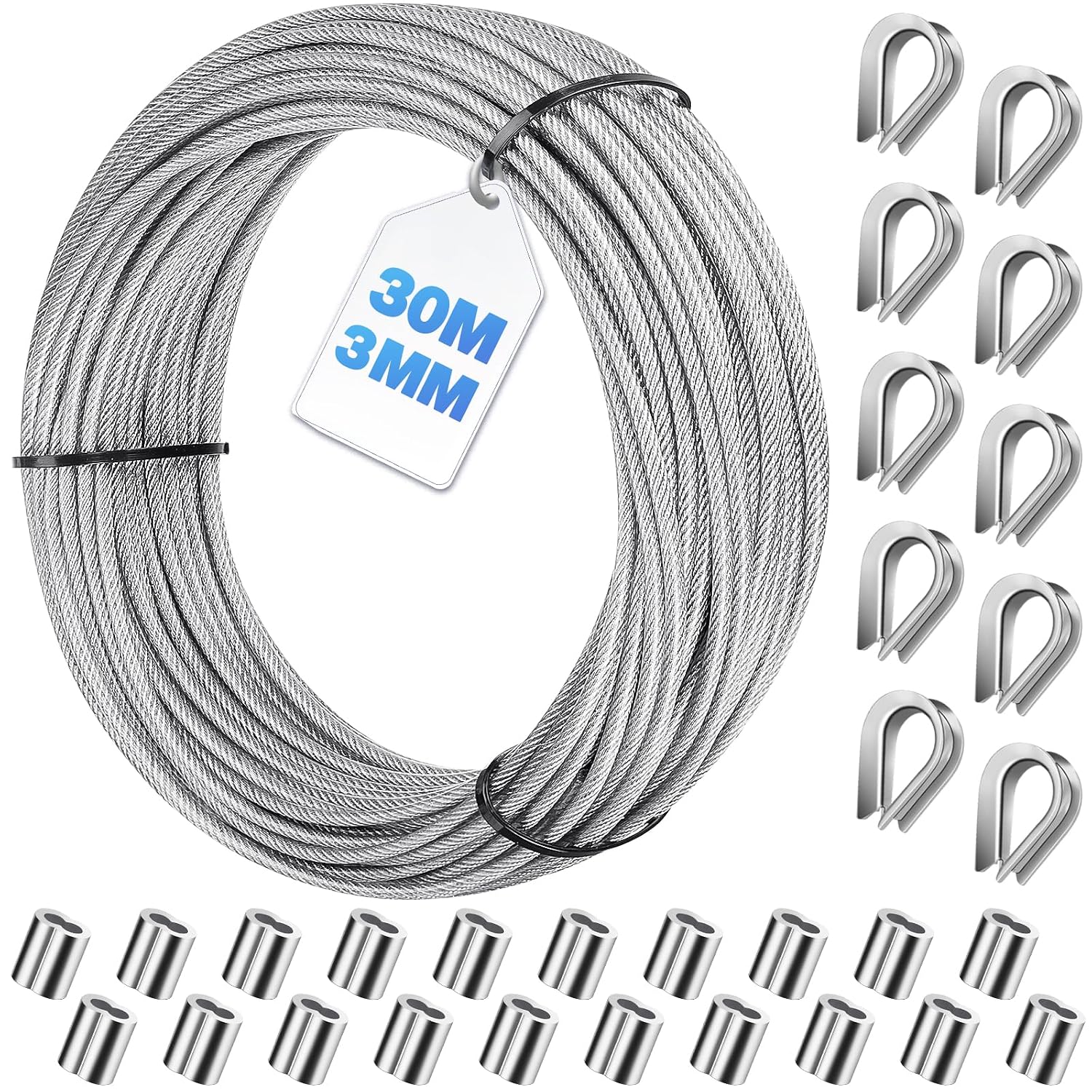 Bridokit 3mm PVC Coated Stainless Steel Wire Rope Kit – 30m with 20 Aluminum Crimping Loops and 10 Steel Thimbles