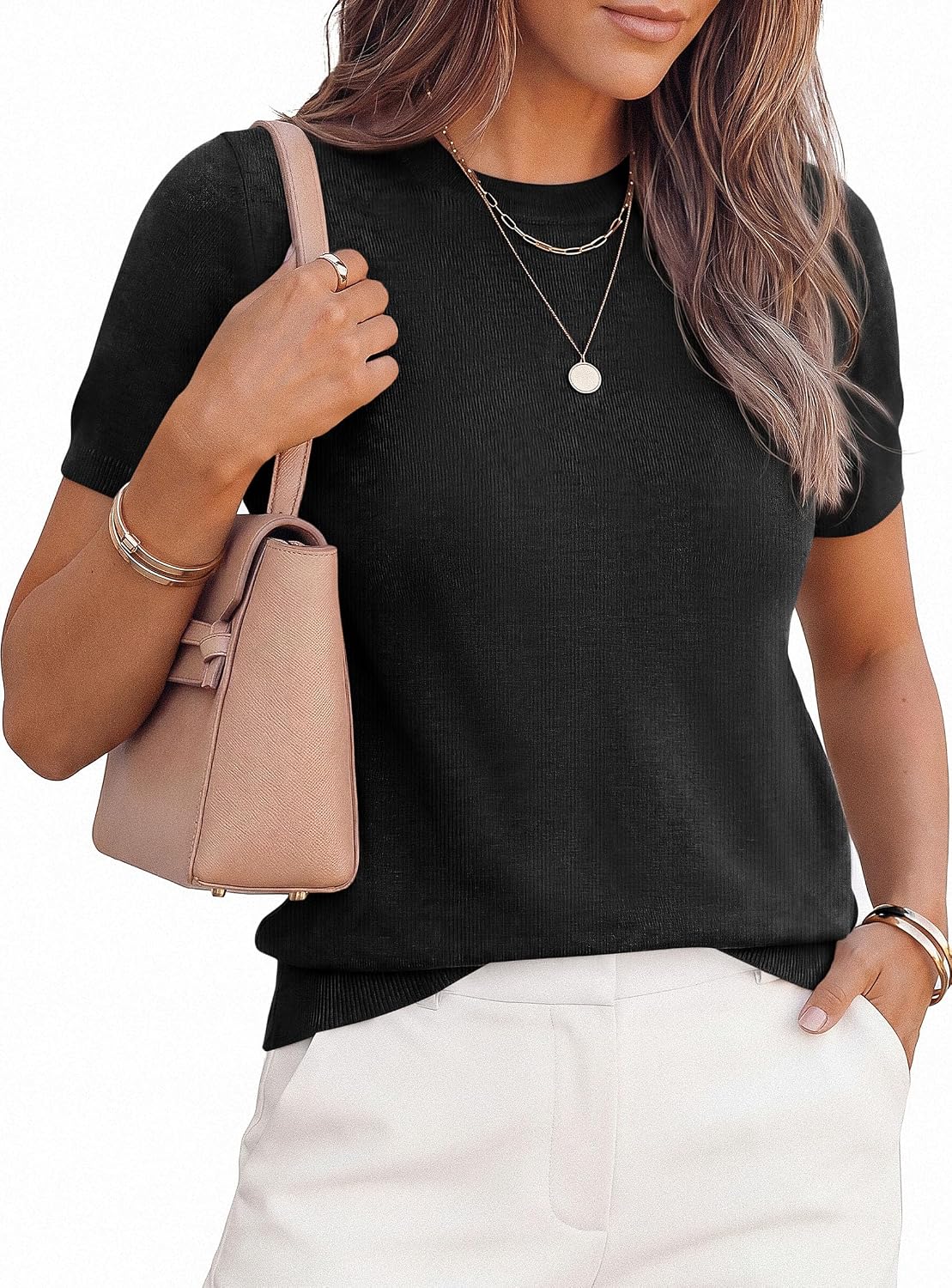 Detalle de PRETTYGARDEN Women's Short Sleeve Sweaters 2026 Spring Crew Neck Knit Work Shirts