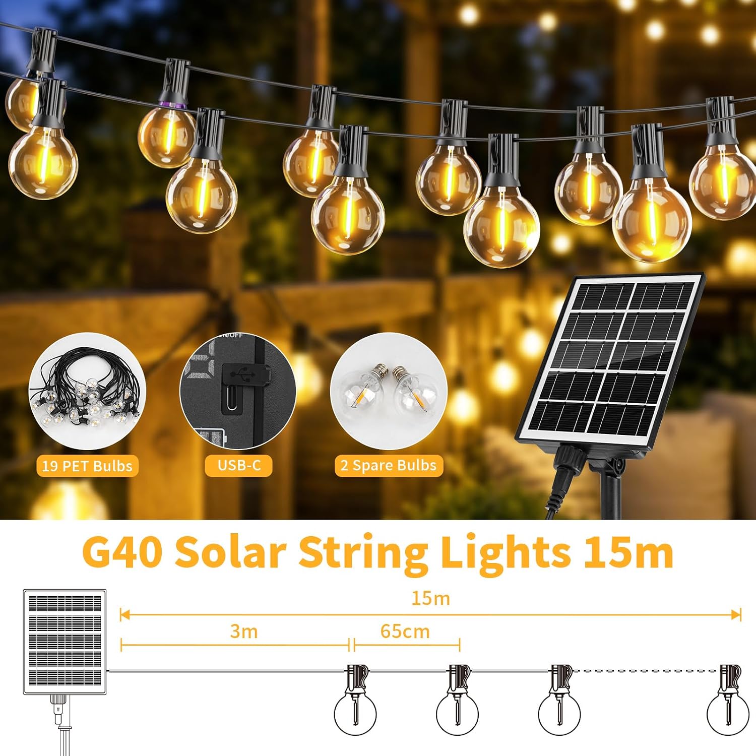 Thumbnail 1 de Hoteril Luci Solari Da Esterno 15 m con 19 lampadine G40: catena solare robusta per giardino e terrazzo