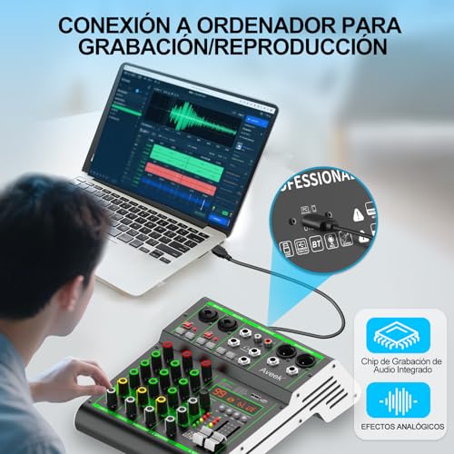 Thumbnail 2 de Aveek Mezclador de Audio de 4 Canales con USB/Bluetooth y Alimentación Fantasma 48V