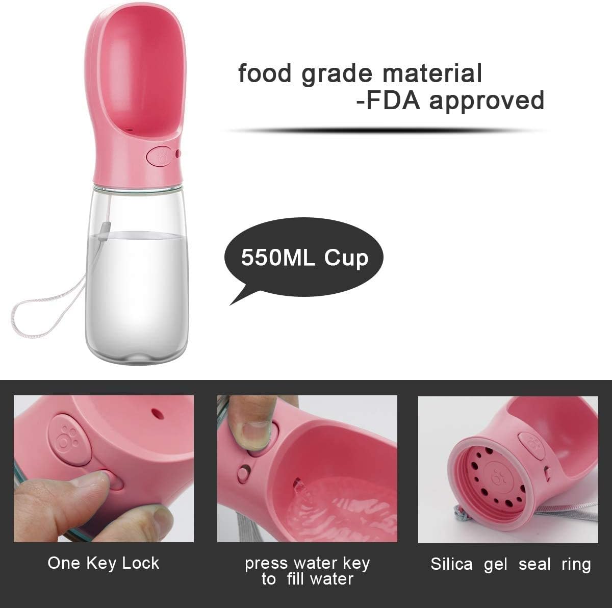 Thumbnail 2 de COTOP Hundetrinkflasche für unterwegs (rosa) – tragbare Wasserflasche mit Reise-Trinknapf, 550 ml, BPA-frei