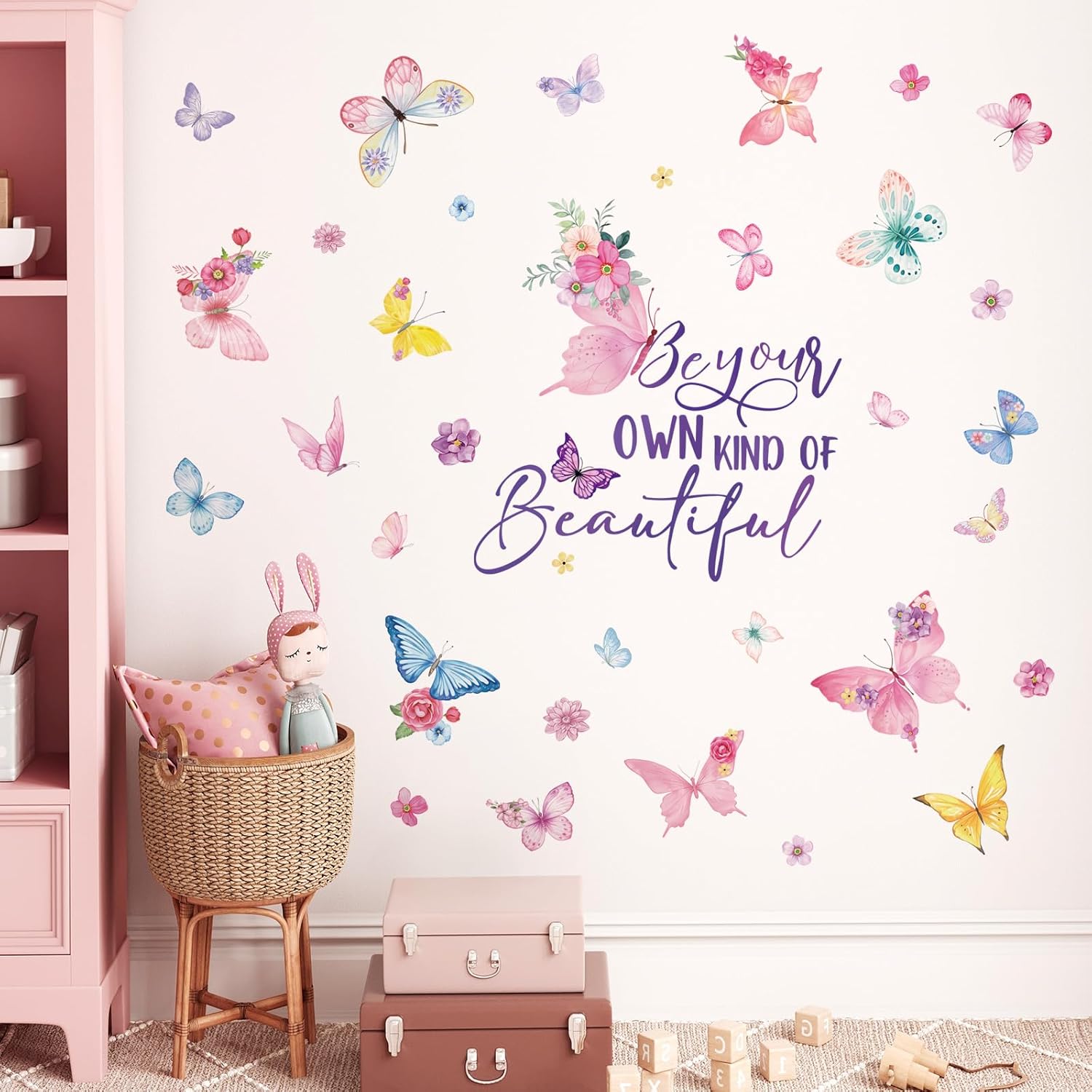 Thumbnail 1 de FUFUQUARE Colorful Butterfly Wall Stickers – Be Your OWN Kind of Beautiful (2 sheets, 30×90cm each)