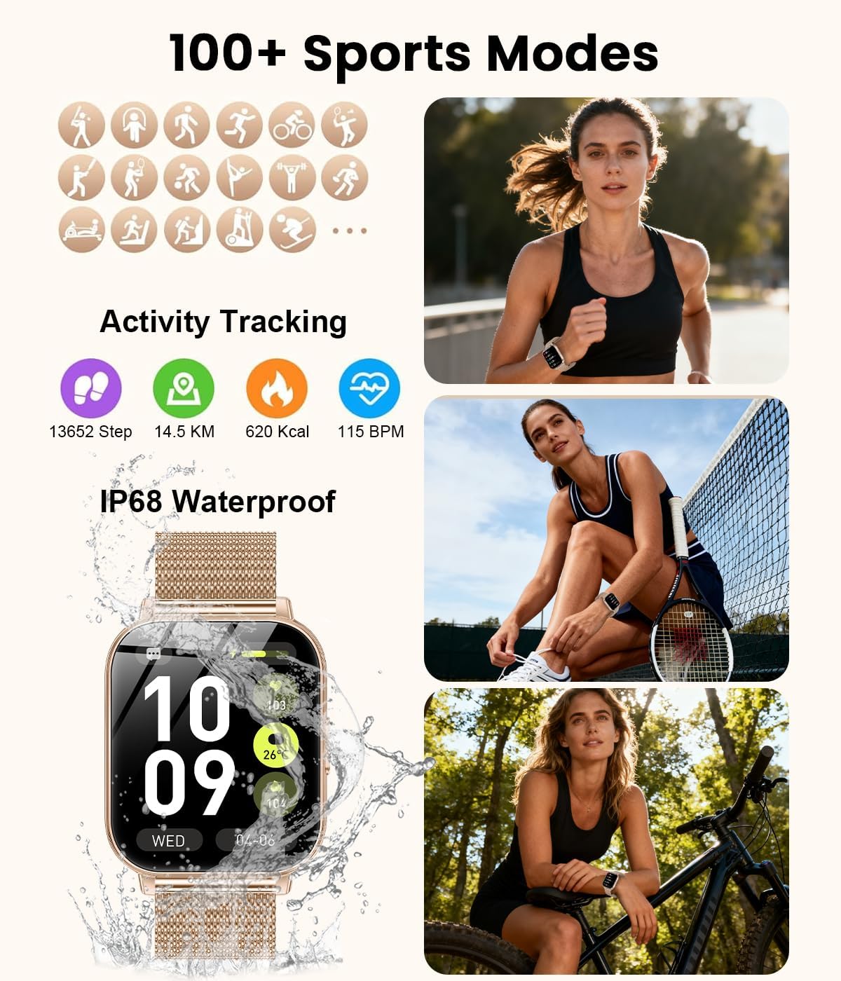 Detalle 2 de Fitoncloud Smart Watches (1000mAh Large Battery) – 1.83" HD, 100+ Sports Modes, Rose Gold