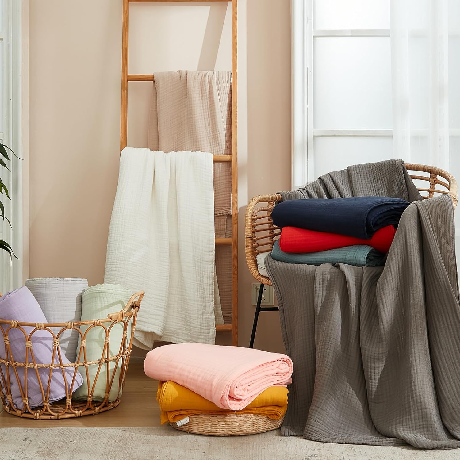 Thumbnail 4 de EMME Cotton Blanket Queen Size (90" x 90"), Navy — Soft, Breathable Muslin Blanket for All Seasons