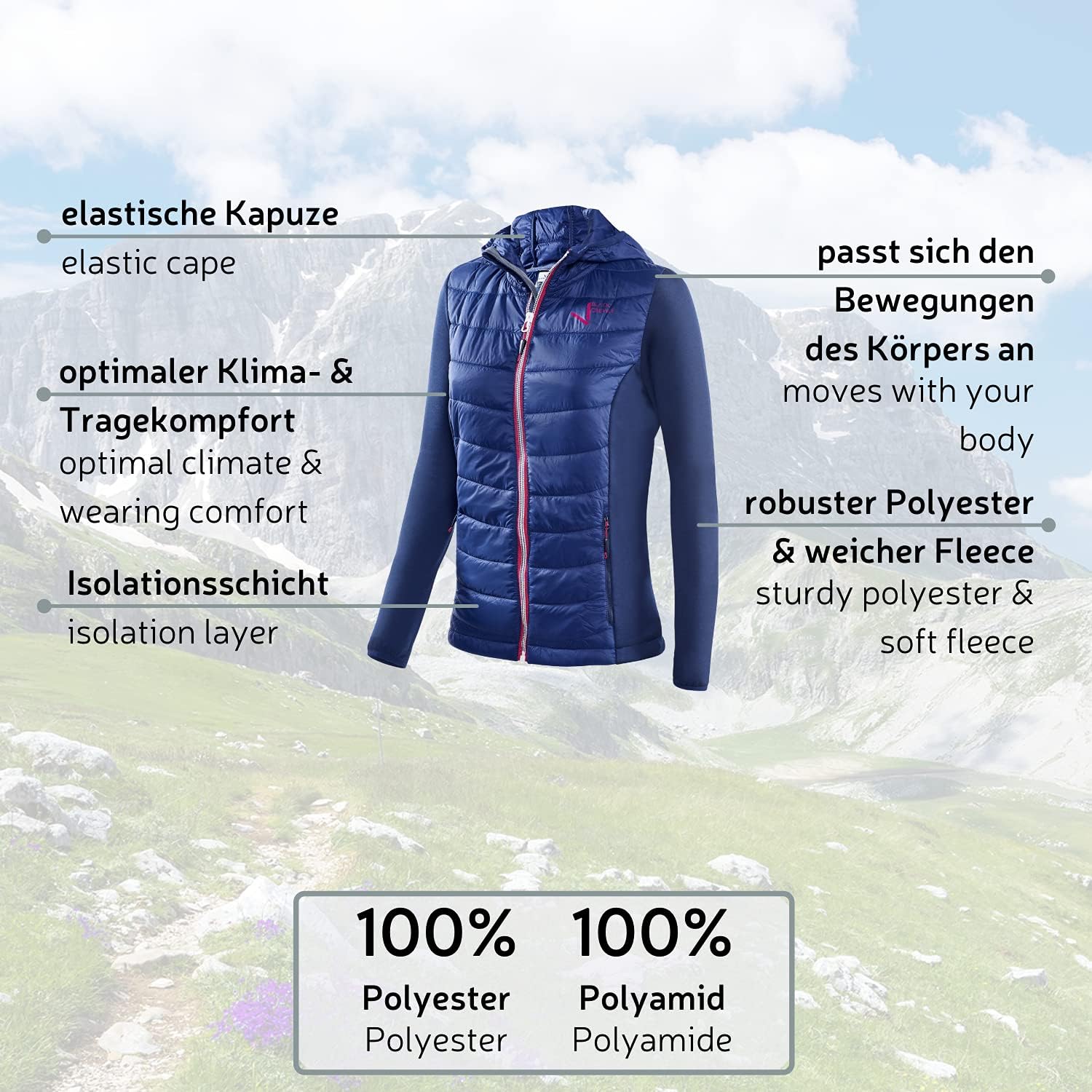 Detalle de Black Crevice Damen Hybrid Kapuzenjacke Giacca ibrida per donna