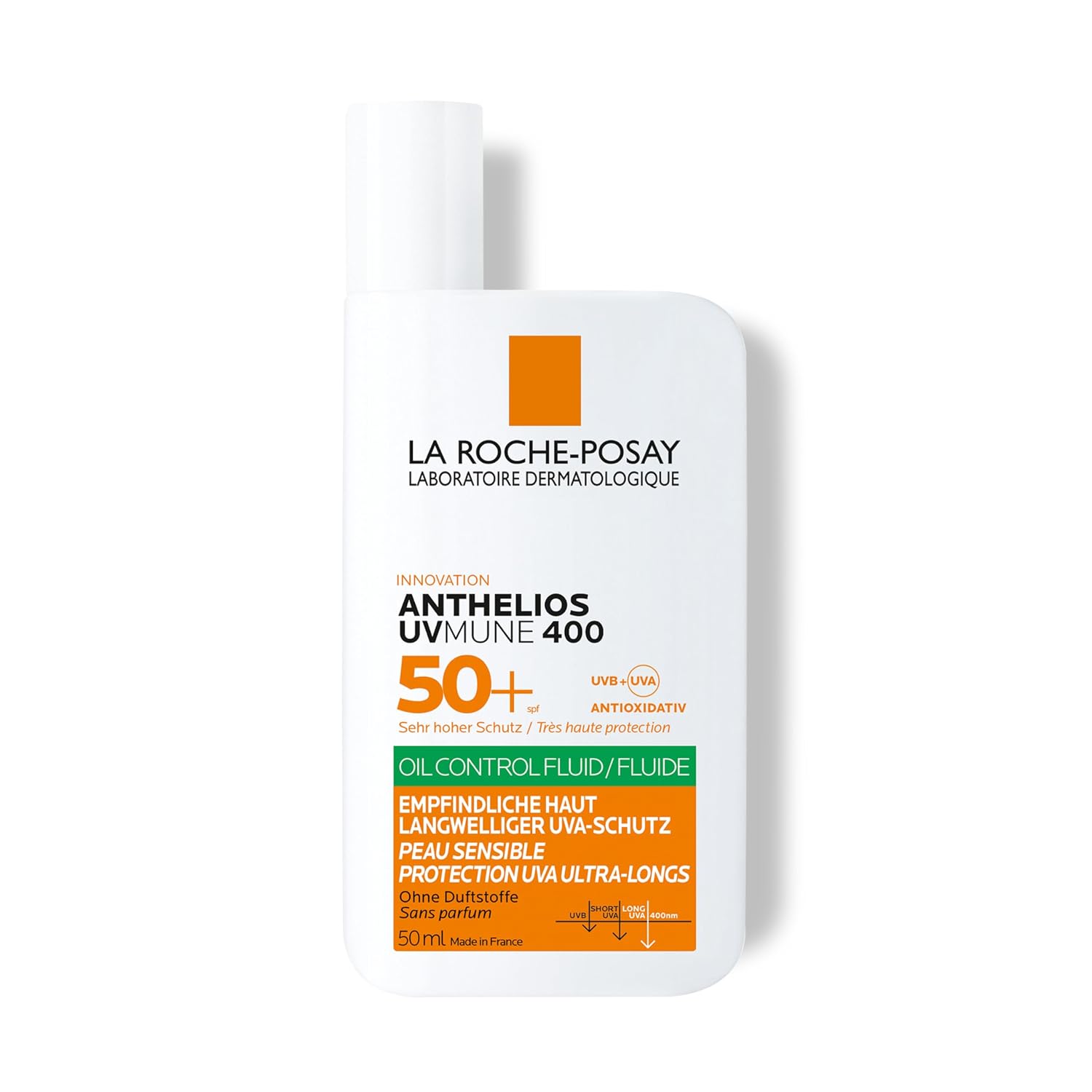 Detalle de La Roche-Posay Anthelios UVmune 400 Oil Control Fluid LSF 50+ Sonnenfluid – für ölige Haut, transparent, 50 ml