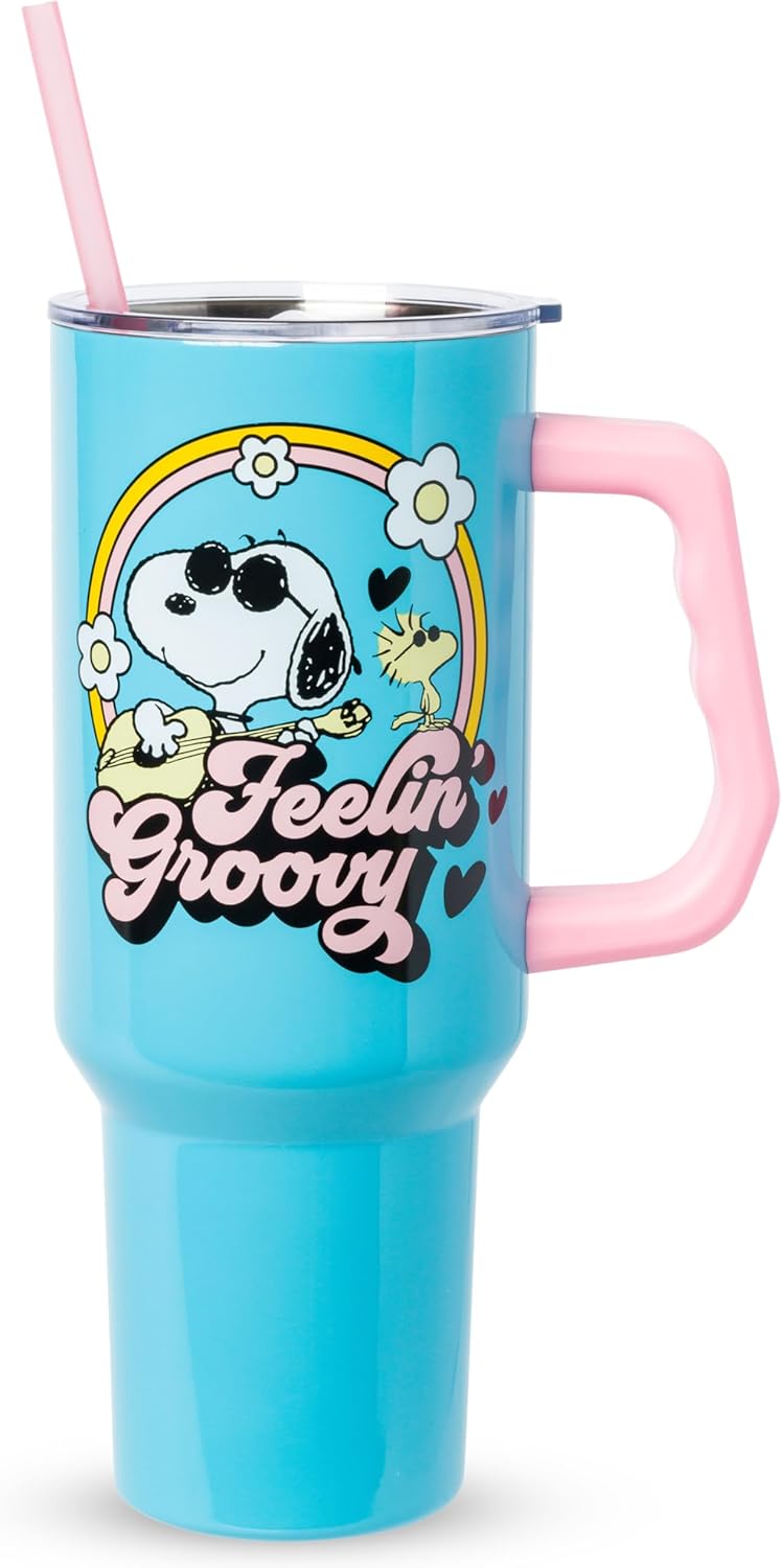 Detalle de Silver Buffalo Peanuts Feelin' Groovy 40 oz Stainless Steel Tumbler with Handle and Straw