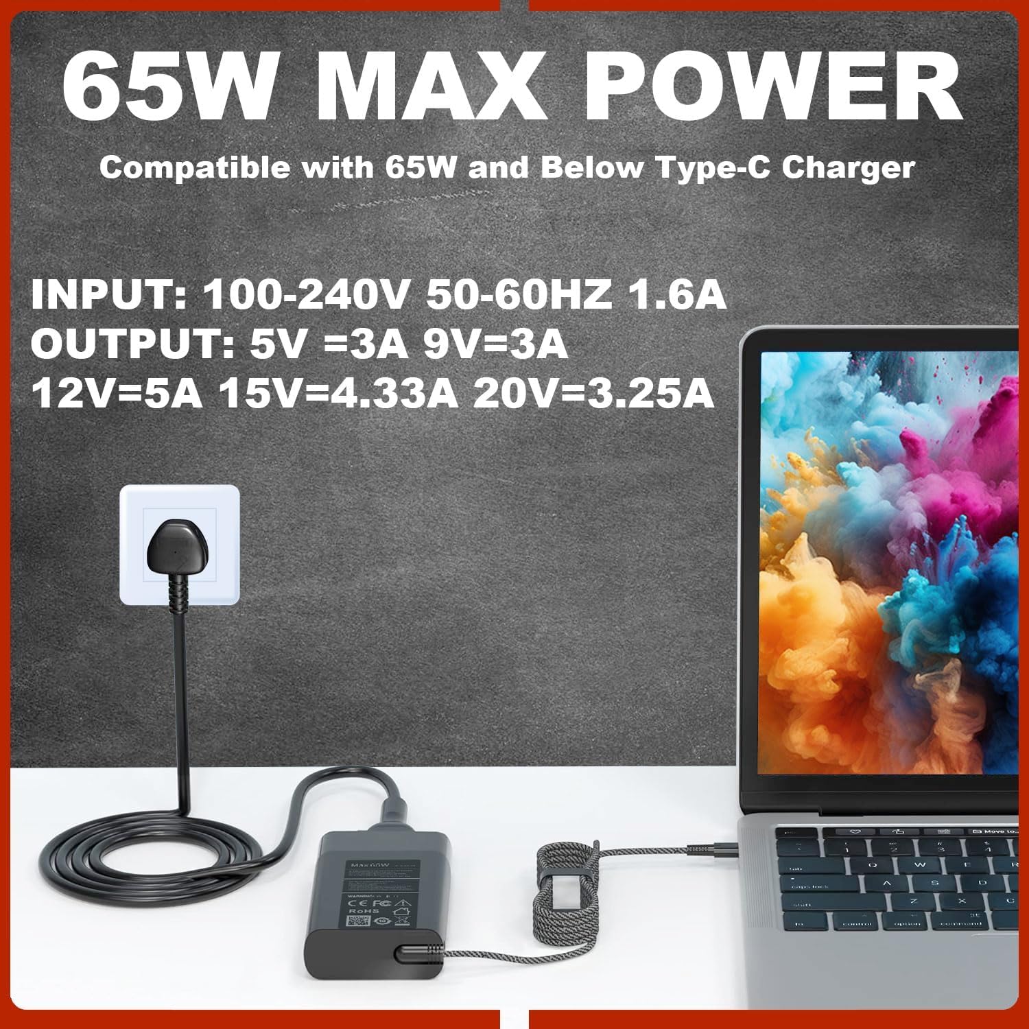 Thumbnail 1 de New Slim 65W USB-C Charger Replacement for HP laptops (Black)