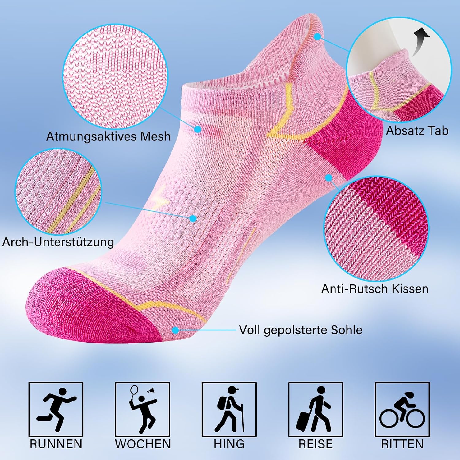 Detalle 2 de Niorasen Sneaker Socken Damen 39-42 / 35-38 – Atmungsaktiv, Anti-Blasen, Gepolstert, 6 Paar