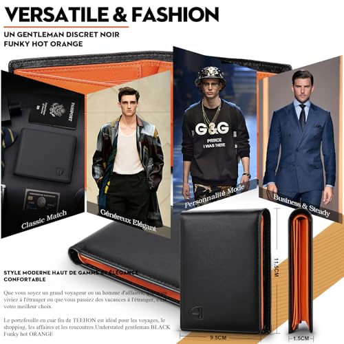 Detalle de TEEHON Portefeuille Homme en Cuir Véritable RFID – Portefeuille mince tri-fold avec 10 cartes, 2 compartiments billets et porte-clés, noir/orange