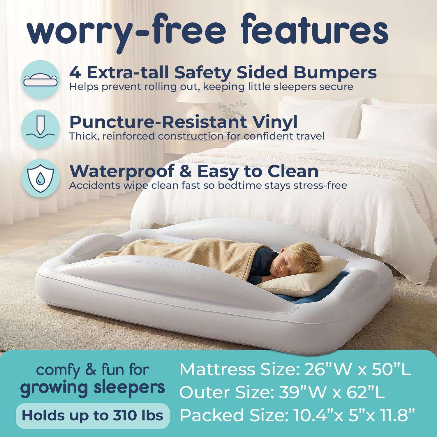 Thumbnail 2 de Hiccapop Inflatable Toddler Travel Bed with Safety Bumpers (4-Sided) — Navy Blue