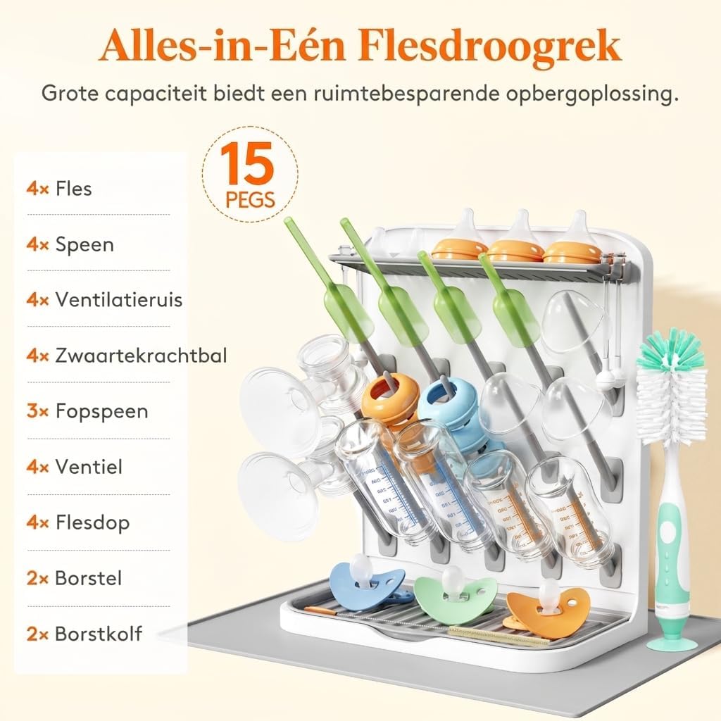 Detalle de Lifewit 24445 flessendroogrek met 15 pennen, lekbak en droogmat