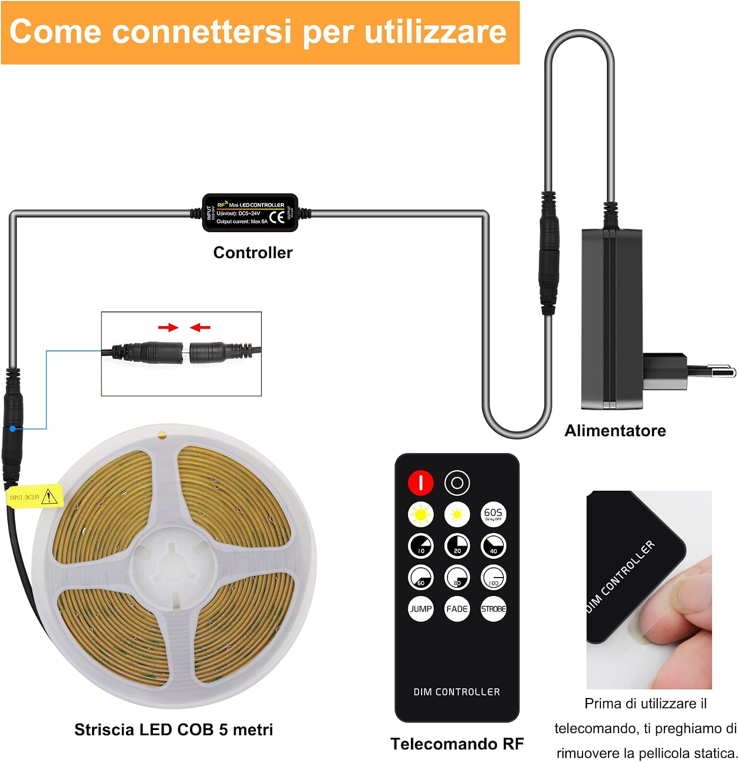 Detalle 2 de Striscia LED COB AXMOTUT 5 metri 24V 2700K, 320 LED/m, 8 mm – kit completo con alimentatore e telecomando RF