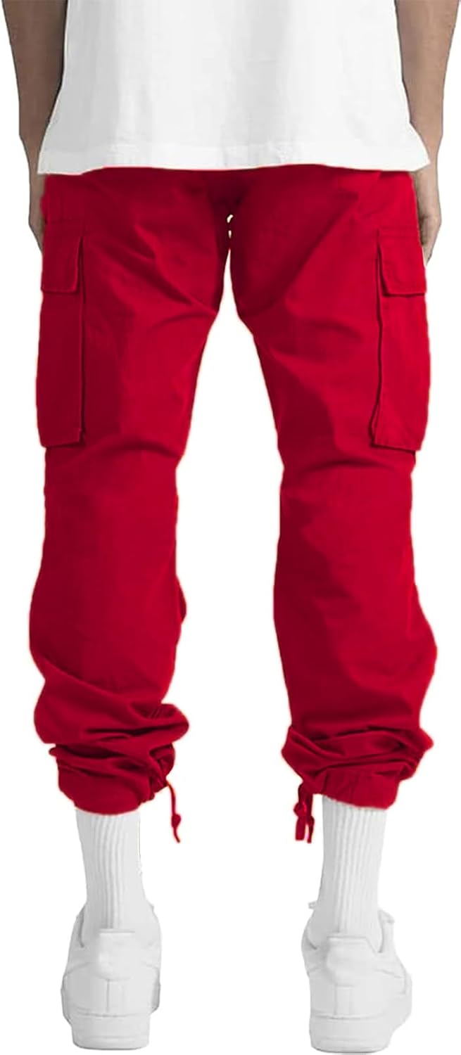 Detalle de HUNGSON Men’s Cargo Pants Drawstring Casual Hiking Joggers (Loose Straight Cotton)