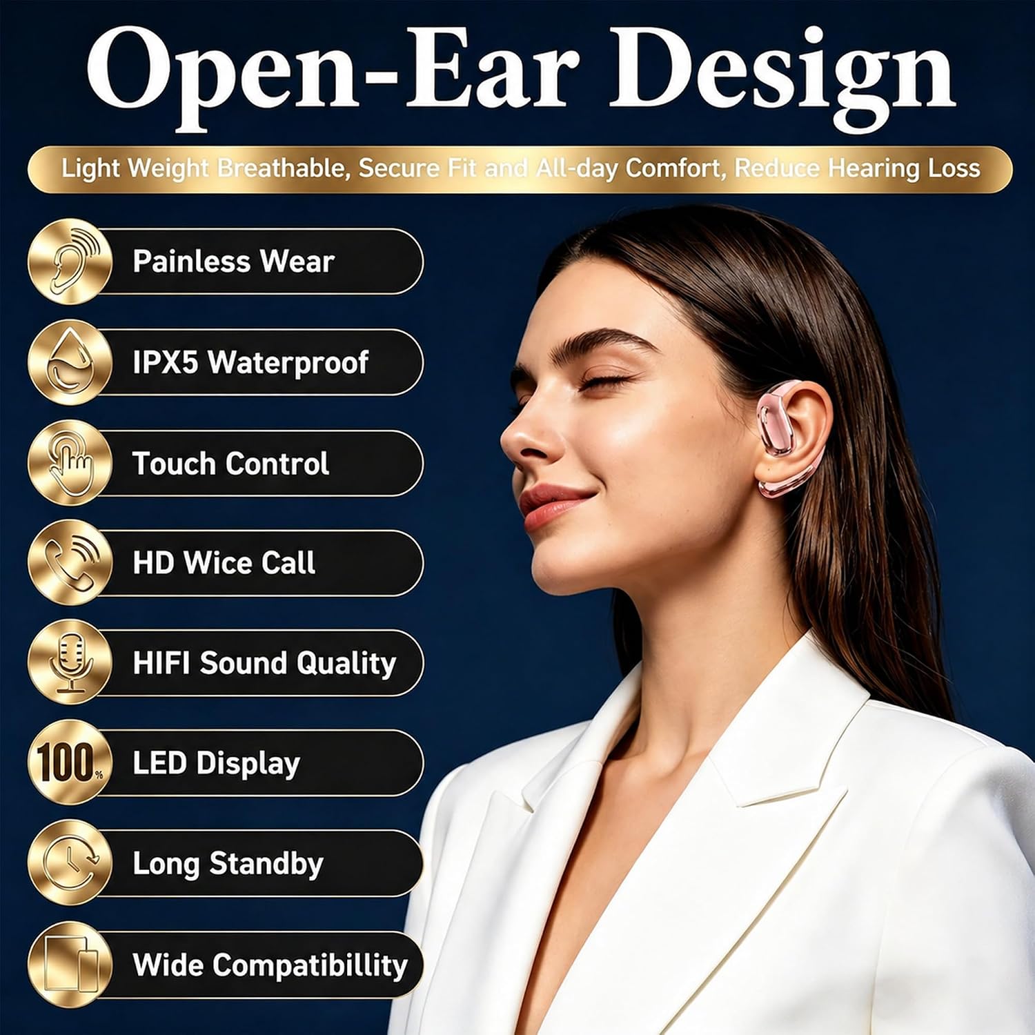 Detalle de Tuemvia FWC-LYEJ-R Open-Ear Headphones, Rose Gold, 35-Hour Playtime