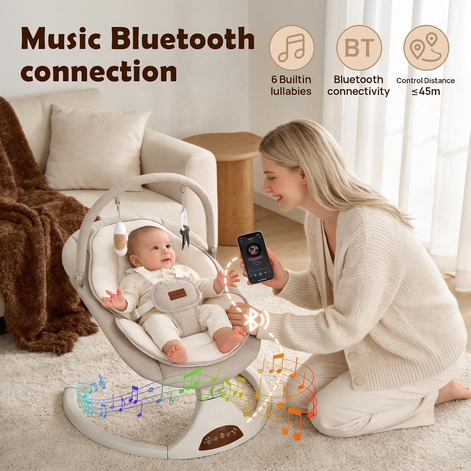Thumbnail 4 de Viriwebaby XJD001-Beige Infant Swing, 5 Speeds, Bluetooth and Timer
