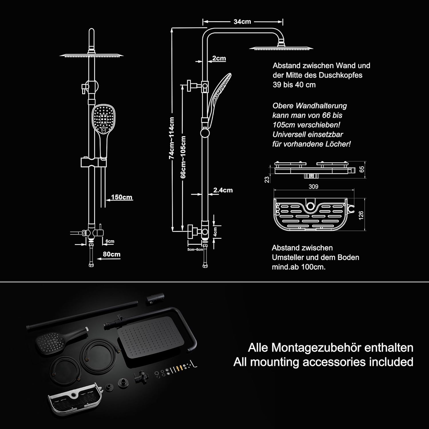 Thumbnail 5 de JOHO Columna Ducha Negra Ajustable 74–114 cm
