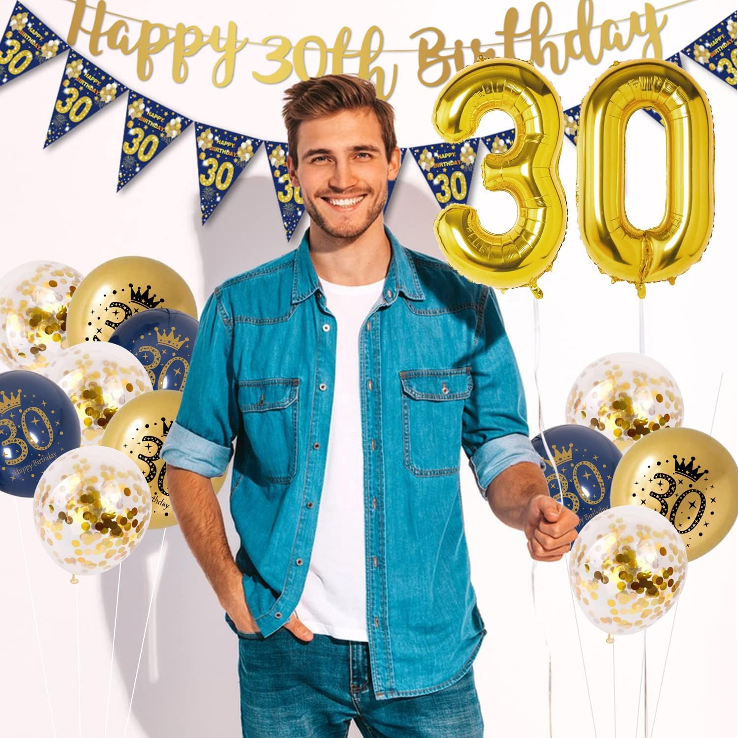 Thumbnail 6 de VICTERR 30th Birthday Decorations for Men (Blue & Gold) – bunting banner, foil balloons and confetti balloons