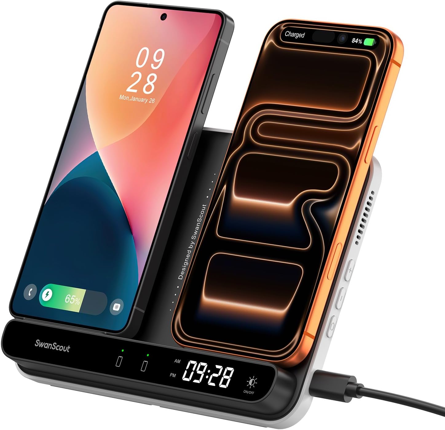 Detalle de SwanScout 504 S10035 Dual Phone Wireless Charger, 30W, Foldable with Clock