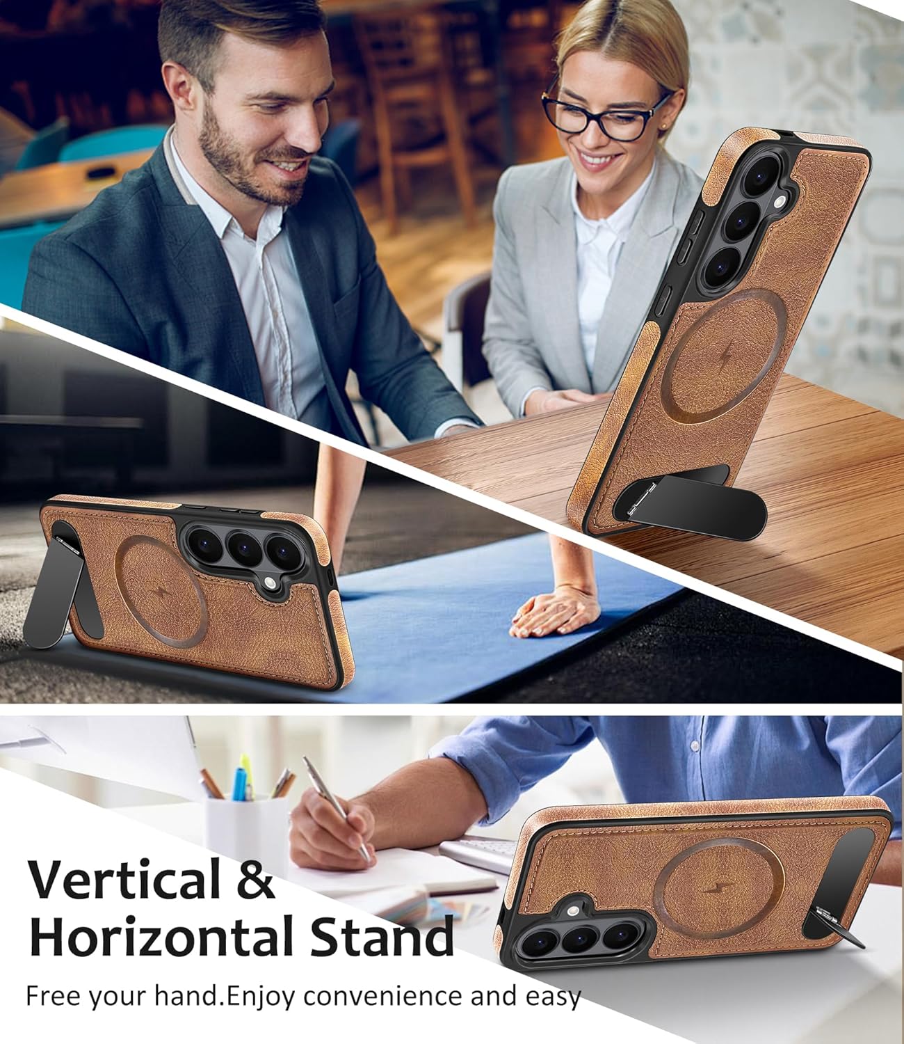 Thumbnail 2 de Fingic Galaxy S26 Case with Magnetic Compatibility, Leather Kickstand & Screen Protector (Brown, 6.3 inch)