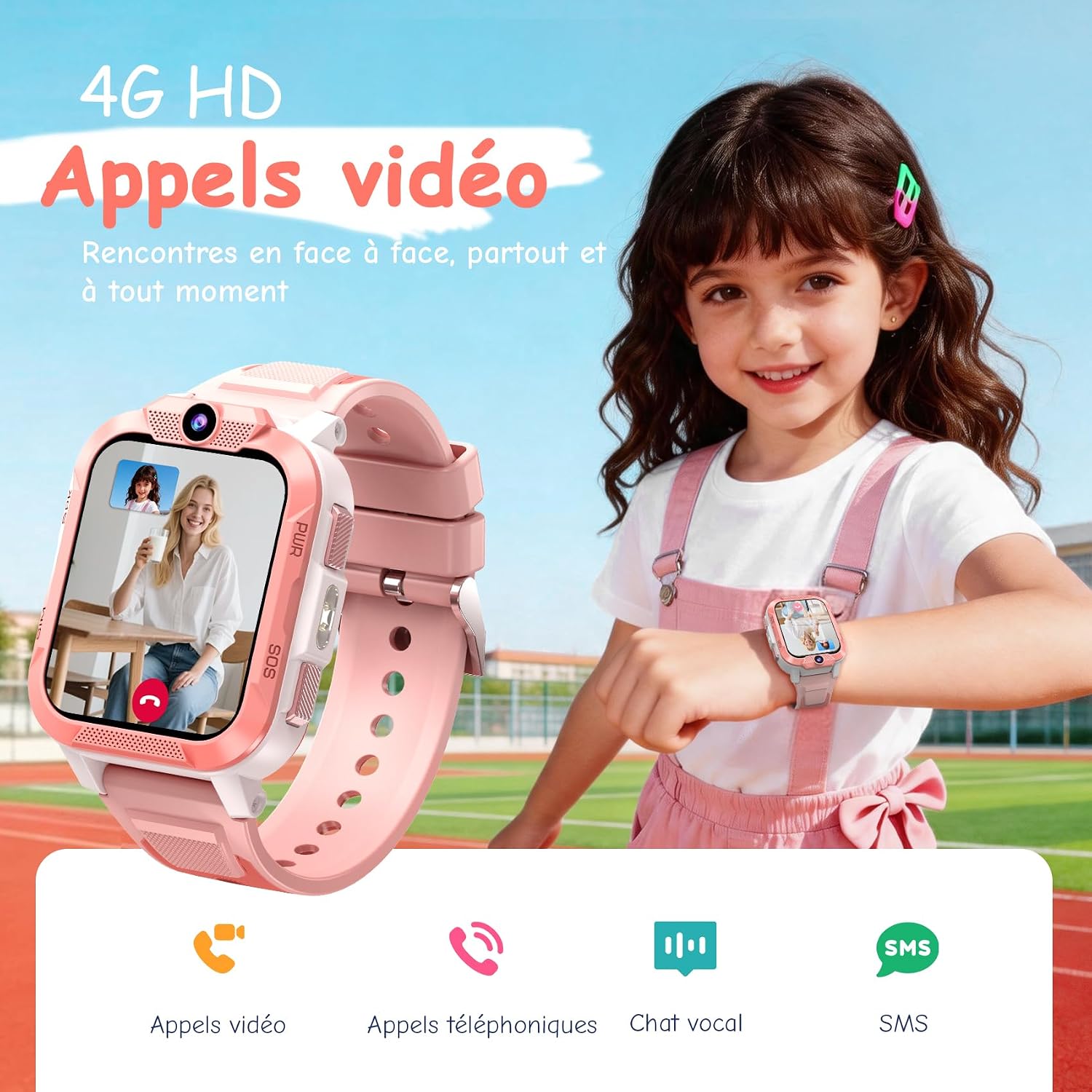 Detalle 2 de IOWODO Montre Connectée Enfant 4G avec GPS et Écran HD 1,85" – SOS, Mode École et IP68