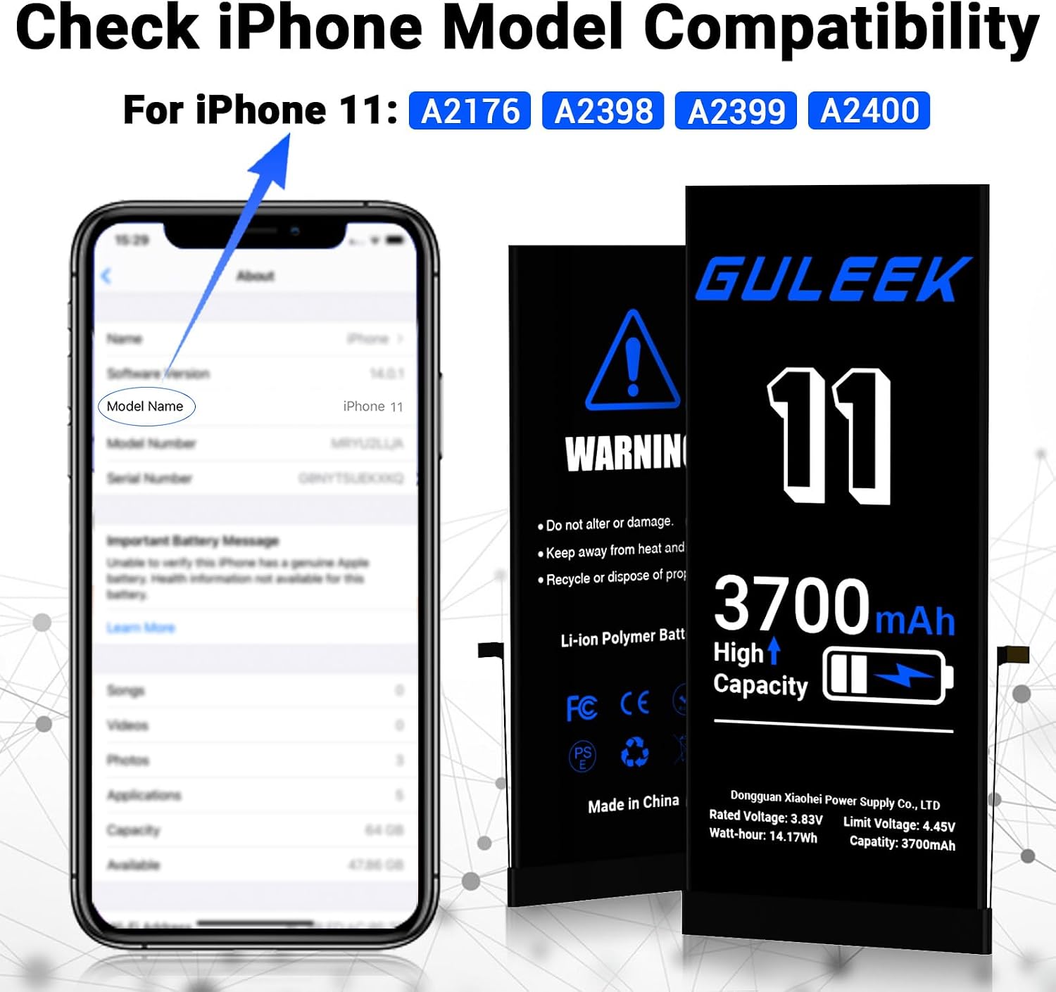 Thumbnail 1 de GULEEEK Batterie iPhone 11 3700mAh