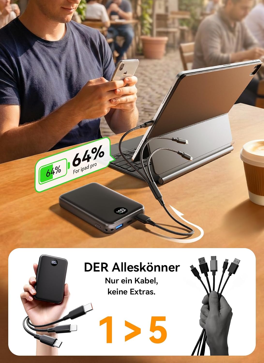Thumbnail 5 de Power Bank 27000mAh – Ultra kompakt, Schnellladen USB‑C, 3‑in‑1 Kabel und LED Display