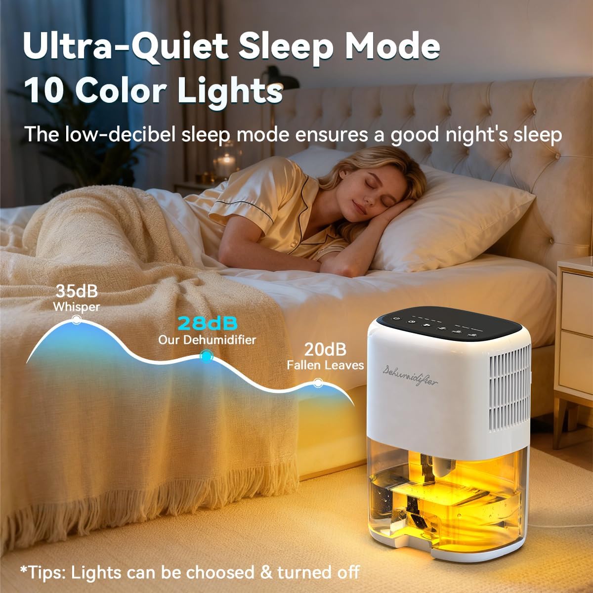 Thumbnail 3 de Small Dehumidifier for Home with 44OZ Tank, Auto Off & Defrost – 5 Timers, 3 Modes, 10 Color Lights