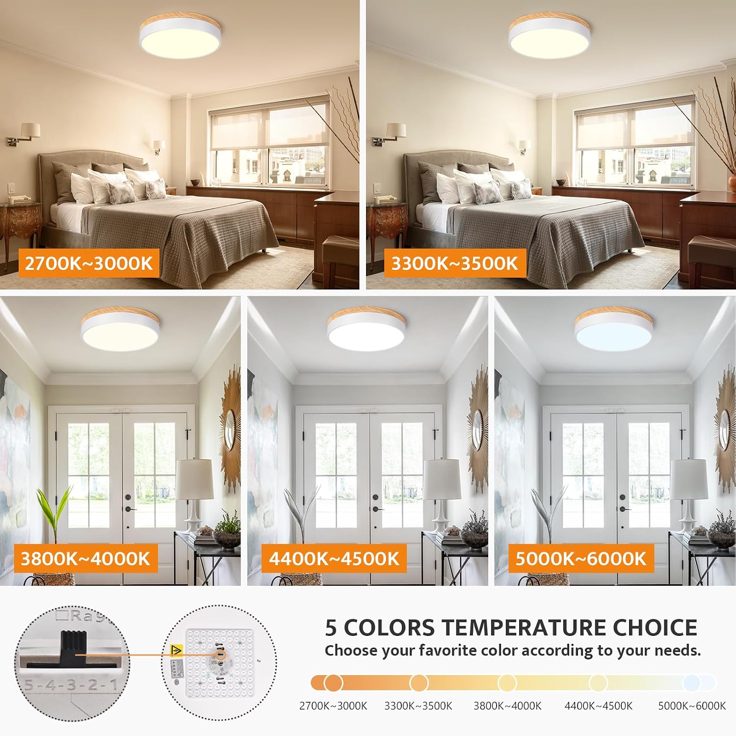 Detalle de Yiisem DY20260611A2 Wood LED Flush Mount Ceiling Light, Dimmable, 5 CCT