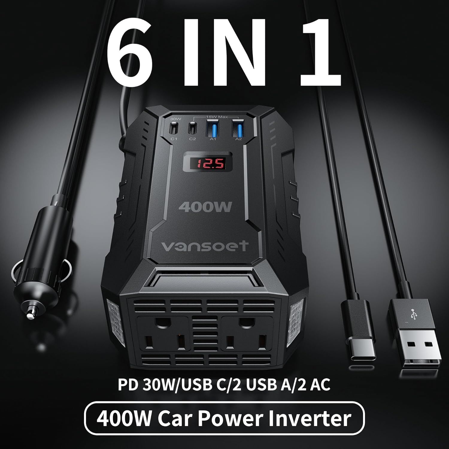 Thumbnail 1 de 400W Car Power Inverter (DC 12V to 110V AC) with 30W/15W USB-C, 2 USB-A & 2 AC Outlets