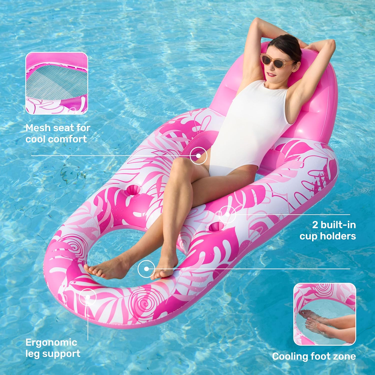 Detalle 2 de SLOOSH Inflatable Pool Float Lounger for Adults with Cup Holders, Foot Rest & Mesh Seat