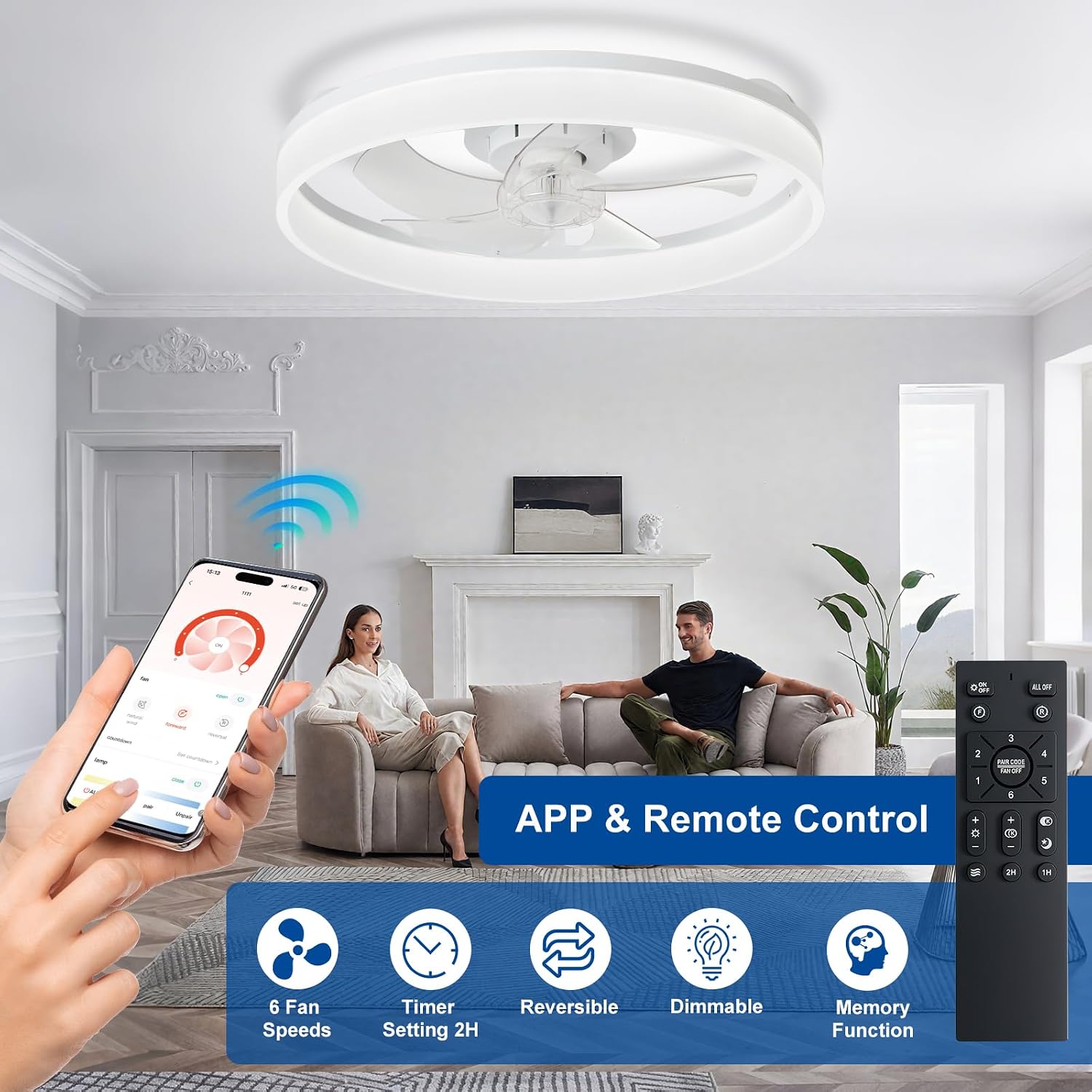Thumbnail 6 de DINGLILIGHTING WS-FPZ195-20C 20-Inch Flush-Mount Ceiling Fan with LED Light