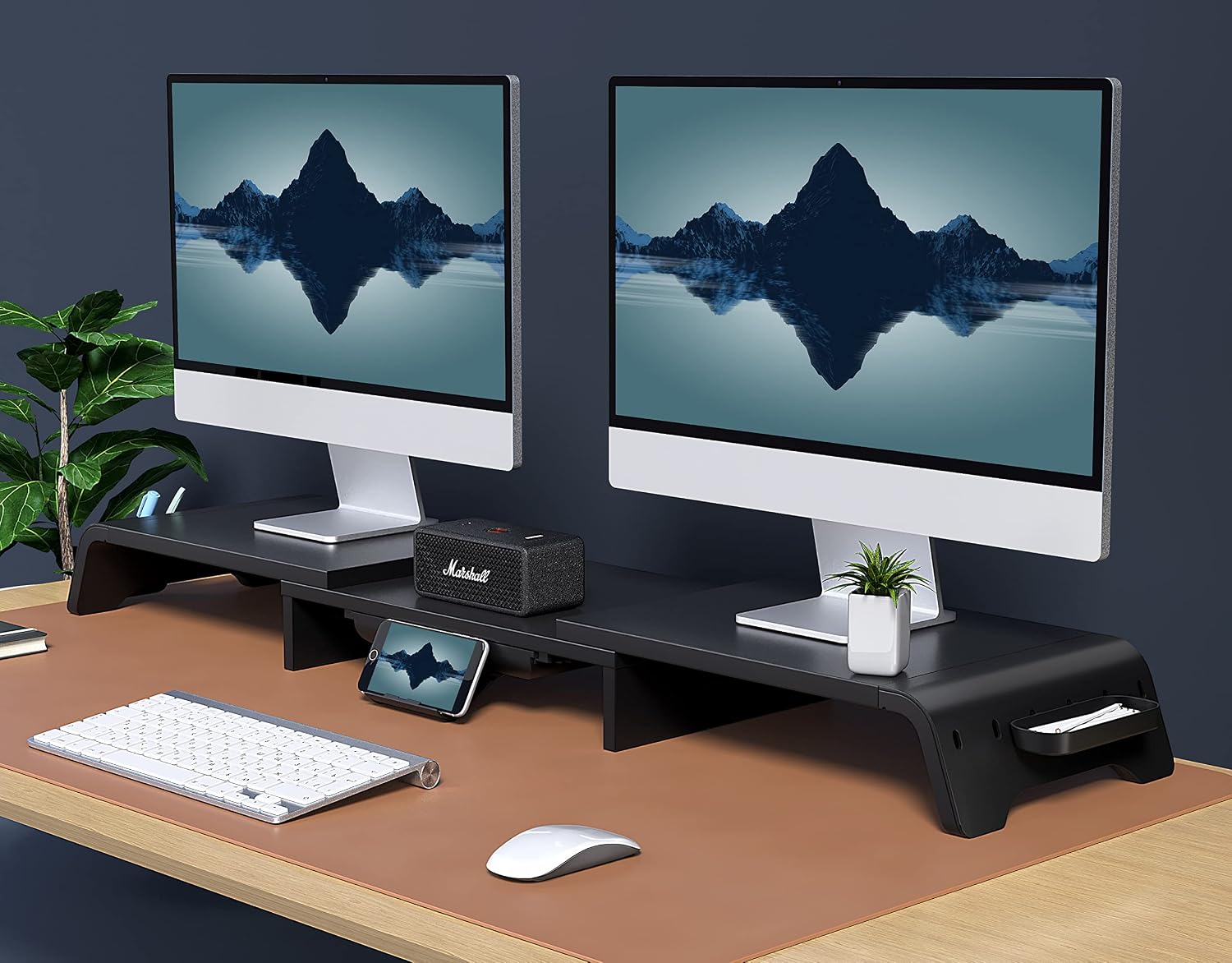 Detalle 2 de Fenge Dual Monitor Stand 119cm Large with Removable Slot Drawer, Adjustable Angle Shelves & Desk Organisation (Black)