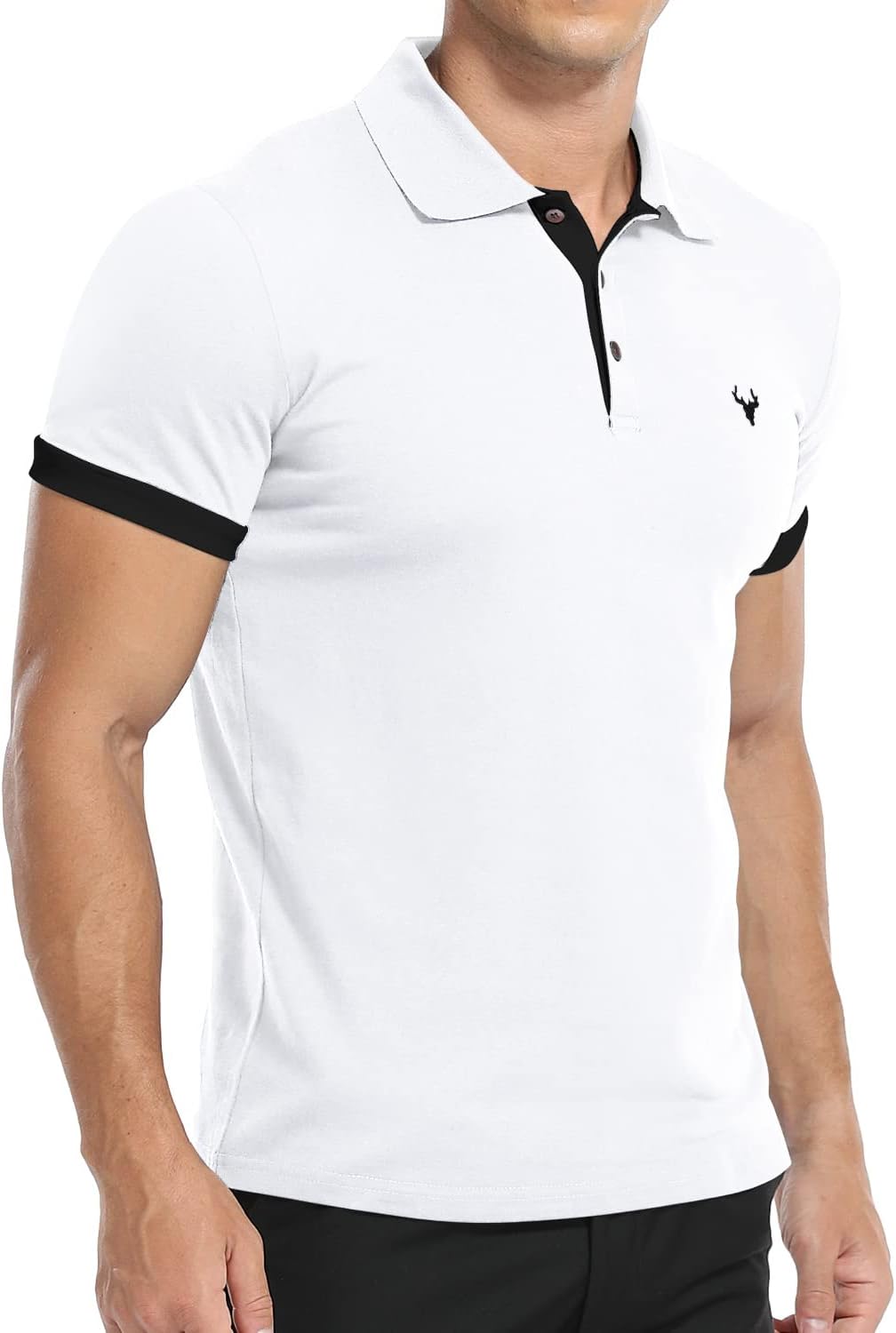 Detalle de KUYIGO Herren Kurzarm-Poloshirt mit gesticktem Hirschkopf (Slim Fit) aus Baumwolle